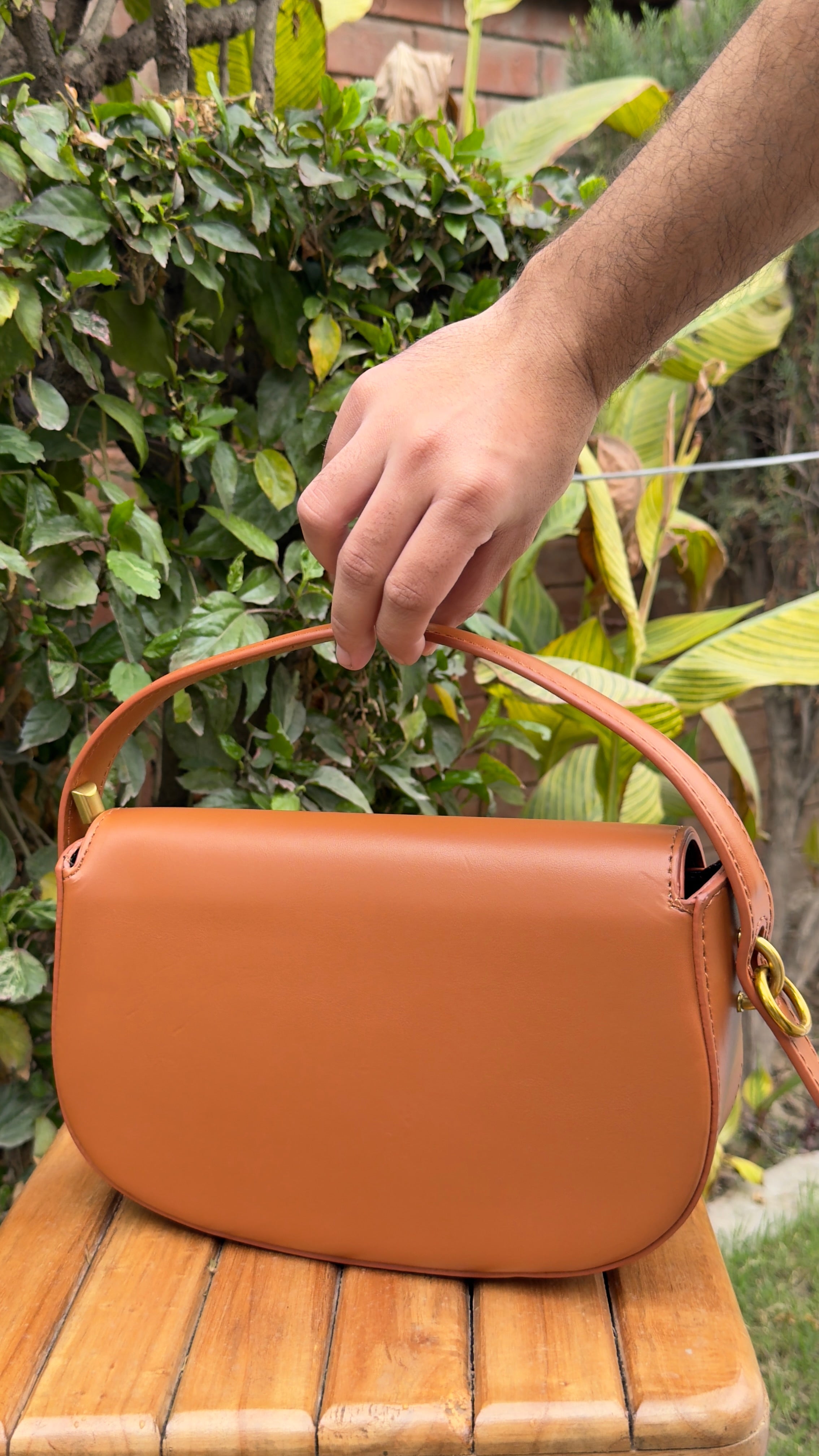 Premium Brown- Vegan Leather Half-Moon Crossbody - Terracotta